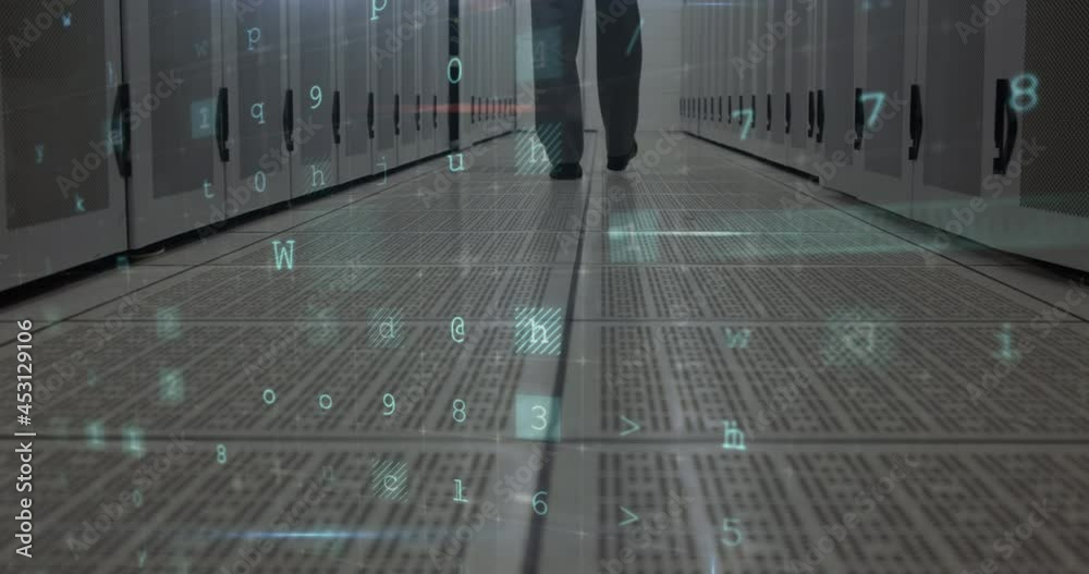 Poster animation of data processing with cyber attack warning over technician and computer servers