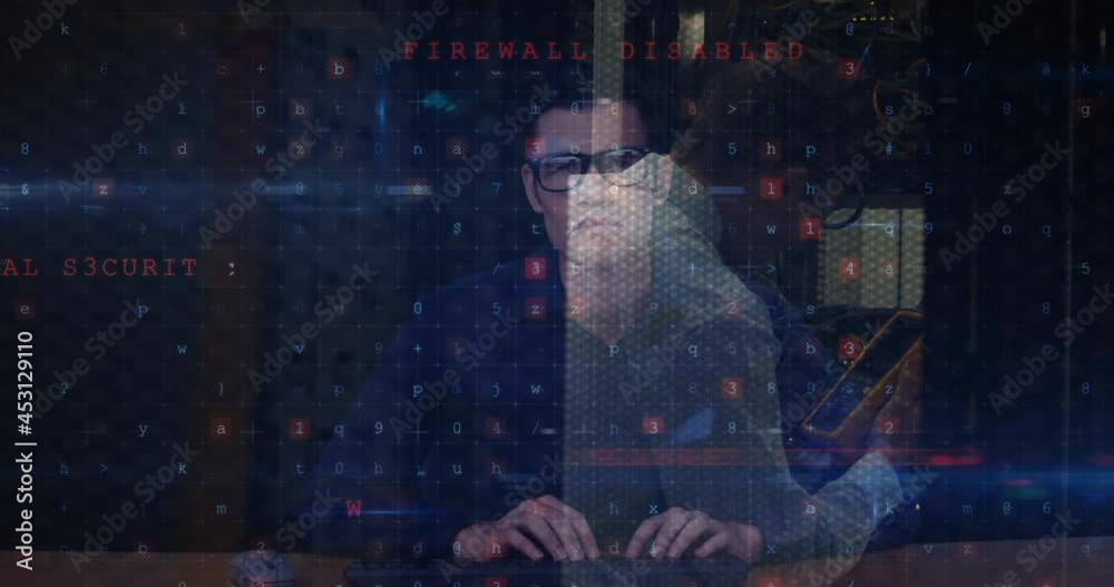 Poster animation of data processing with cyber attack warning over hacker and computer technician