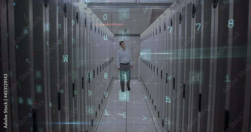 Poster animation of data processing with cyber attack warning over technician and computer servers