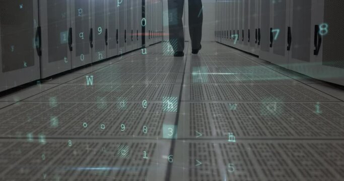 Animation of data processing with cyber attack warning over technician and computer servers