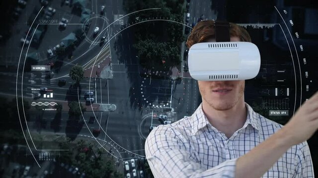 Animation of scope scanning over businessman wearing vr headset and cityscape