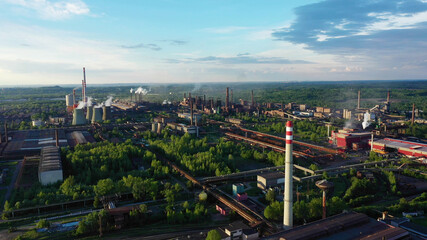 Factory processing hot metal steel drone aerial video shot smoke chimneys black, smog city Ostrava, dust air dron refinery calamity situation quick streaming emissions health smoking pollution ecology