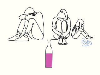 Alcohol and the family. Visualization of alcohol dependence. Family. The problem of alcoholism. A drunk man. A mother with a Child Away from a Drunken Father. The concept of a linear drawing