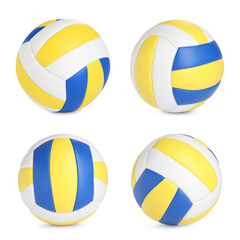 Set with leather volleyball balls on white background