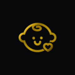 Baby Head With A Small Heart Outline gold plated metalic icon or logo vector