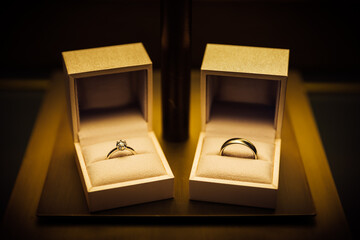 In the romantic dim light environment, a pair of wedding rings are placed in the open ring box