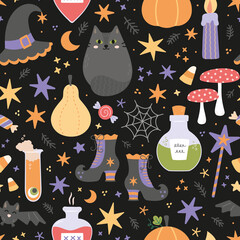 Halloween seamless vector pattern design with witch, wizard, ghosts, skull, pumpkins, candy, potions, black cat