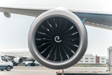 airplane jet engine turbine close up, new technology engineering
