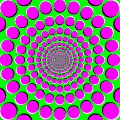 Peripheral drift illusion, PDI, a motion illusion on green background. It seems, the colorful magenta dots become bigger or drift outside, that when you move your eyes from one dot to another. Vector