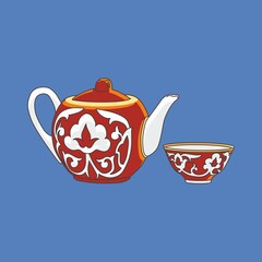 Teapot with a bowl (glass). Central Asian style. Blue background. Vector.