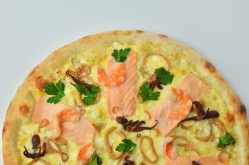 pizza with seafood on white background top view