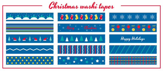 Set of Christmas washi tapes. Photo frame border. Winter holiday stickers, strips.