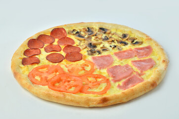assorted pizza with ham onion and tomato cheese