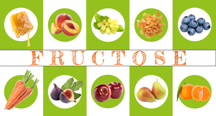 Collage with photos of different products containing fructose