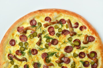 pizza with Cornish mushrooms, cheese and salami top view