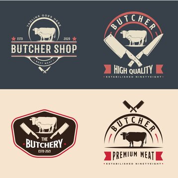 Set of Vintage Retro Butcher Shop Logo Design. With crossed cleavers or knives, goat or sheep, and cow icons. Premium and luxury logo