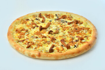 pizza with Cornish mushrooms, cheese and salami closeup view