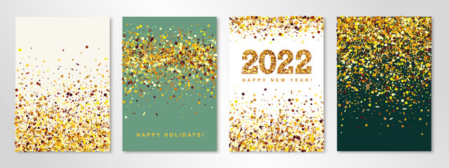 New Year banners set of four sheets with shimmer gold confetti and 2022 numbers. Vector flyer design templates for invitation cards, business brochure design, certificates