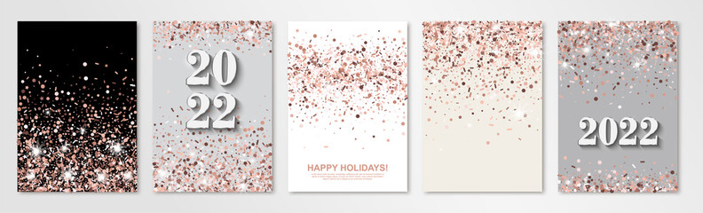 New Year banners set of five with rose gold confetti and 2022 numbers. Vector flyer design templates for holiday invitation cards, business brochure design, certificates
