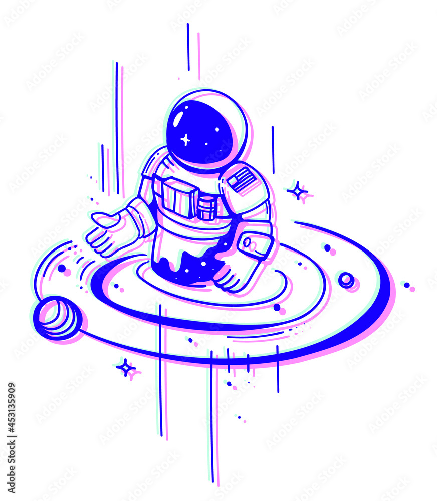 Canvas Prints vector space illustration of blue ink color astronaut in outer space with star and line