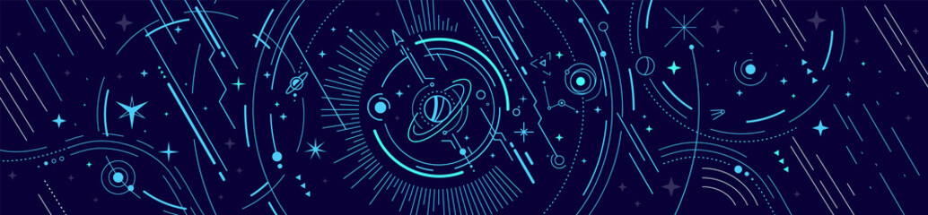 Vector Abstract Horizontal White and Blue Space Illustration with Star, Planet and Line © wowomnom