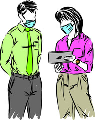 man and woman working pandemic concept with masks vector illustration