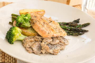 dish of fried river trout fillet with garnish of broccoli, asparagus sprouts and mushroom sauce