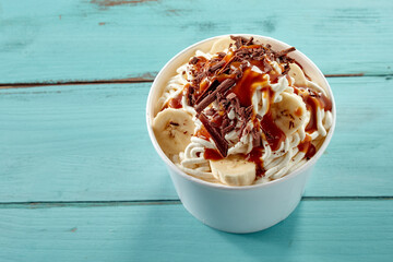 Tasty vanilla ice cream spaghetti Sundae topped with chocolate