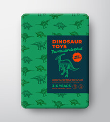 Dinosaur Toys Label Template. Abstract Vector Packaging Design Layout. Hand Drawn Parasaurolophus Sketch with Ancient Reptile Craetures Pattern Background and Realistic Shadows. Isolated