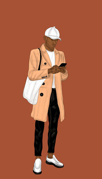 Portrait, man, African American, standing and playing mobile phone, carrying a white bag, in fashion, brown coach.