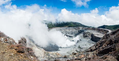 Costa Rica active Poas volcano landscape and smoke