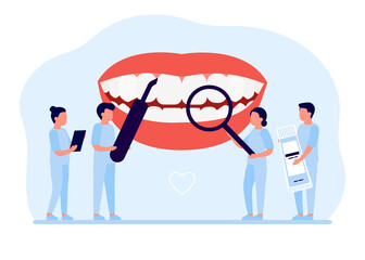 Teeth cleaning and whitening, checkup by dentist. Oral hygiene. Prevention of dental diseases from dentist. Vector illustration