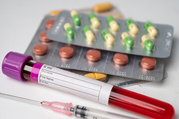 Pills drug colourful capsule in blister pack, medicine in pharmacy.