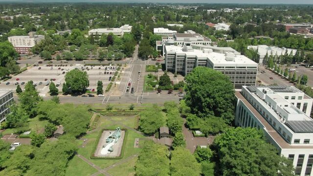 Aerial: flying over downtown Salem, Oregon, USA