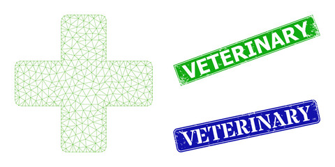 Obraz premium Polygonal veterinary cross model, and Veterinary blue and green rectangular textured stamp seals. Mesh wireframe image created from veterinary cross pictogram.
