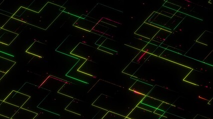 Abstract electronic cyber circuit grid animation. Glowing colorful signals moving on grid lines and flowing digital data matrix in 3d space. High speed internet connection data analysis process.