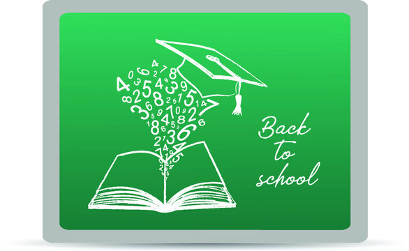 Chalk drawn objects on green chalkboard. Set of open book, numbers and education cap as concept achieving wisdom through learning. Modern design vector template banner or poster for back to school.