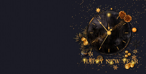 Christmas shiny black background, New Year, black box, clock,gold bow, flying confetti, clock, sparkles, tinsel, balls, toys, ball, garland illumination, 3D rendering,