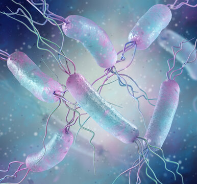 Medical background, amphitrichous bacteria with two flagella or a bundle of flagella at both ends, vibrio, 3D rendering