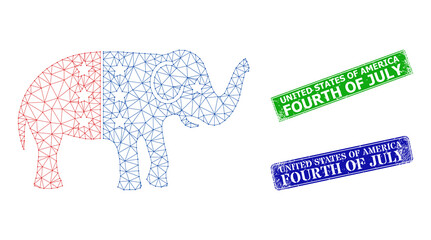 Network american democratic elephant image, and United States of America Fourth of July blue and green rectangle rubber stamp seals.