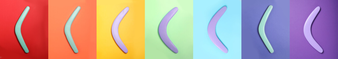 Collage with photos of boomerangs on different color backgrounds, top view. Banner design - obrazy, fototapety, plakaty