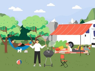 Happy people grilling sausages and reading books, flat vector illustration. Summer hiking, bbq party, camper van travel.