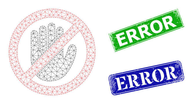 Triangular no hand model, and Error blue and green rectangle scratched stamps. Polygonal wireframe symbol designed with no hand icon. Stamps have Error caption inside rectangle form.
