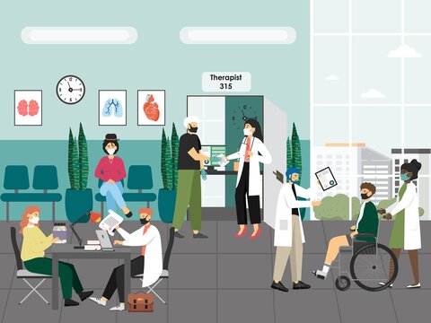 People in hospital, medical clinic hall, flat vector illustration. Patients waiting for doctor, talking with therapist.