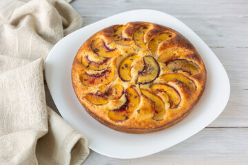 Peach pie. Homemade baking. Selective focus. Close up. Top view