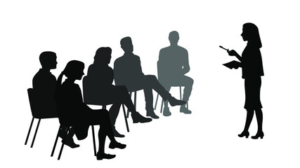 Business woman making presentation silhouette vector illustration isolated on white background. Teacher teaches students.