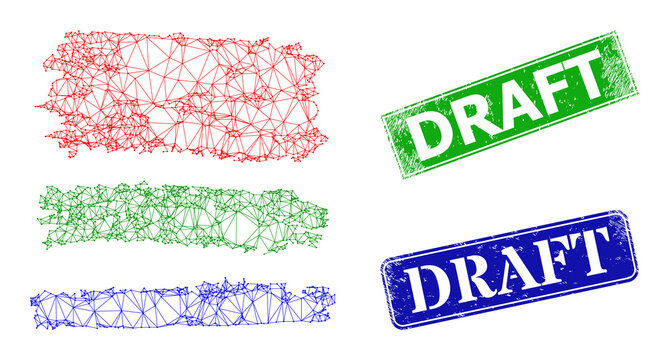 Polygonal colored charcoal texture stripes model, and Draft blue and green rectangular scratched stamps. Polygonal wireframe symbol is created from colored charcoal texture stripes icon.