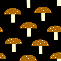 Modern hans-drawn pattern with cute red fly-agaric amanita mushrooms. Childish minimalistic style wallpaper or fabric design.
