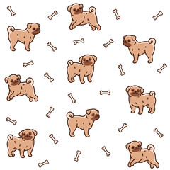 Cartoon happy pug - simple trendy pattern with dog and bone. Flat vector illustration for prints, clothing, packaging and postcards. 