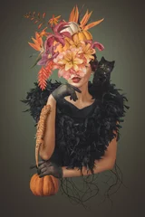 Abstrakte Halloween-Kunstcollage einer jungen Frau mit Blumen © Svetlana Radayeva